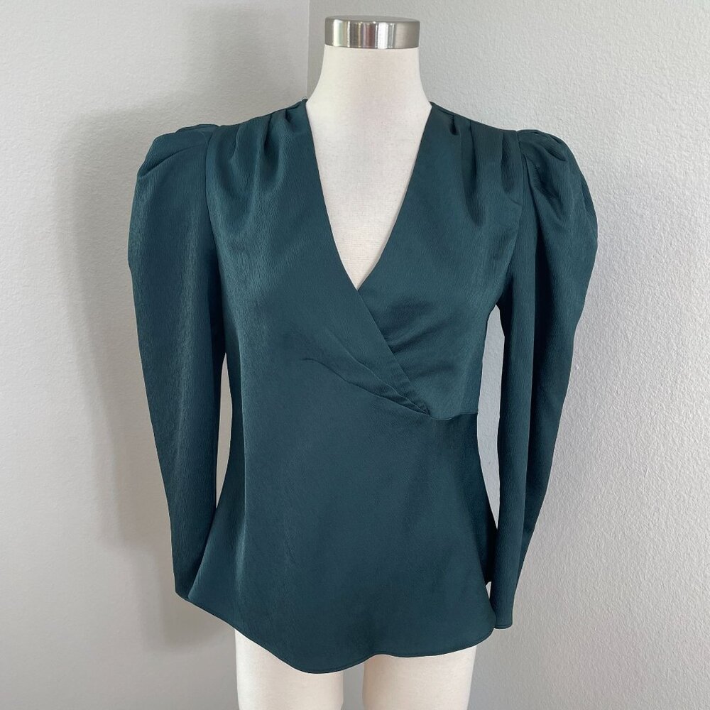 Express‎ Womens Small Green Long Sleeve V Neck Blouse Puff Shoulders Shirt Top